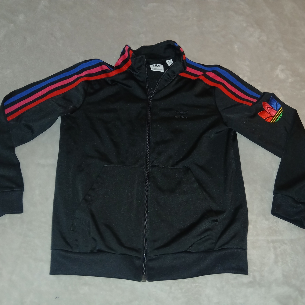Adidas Men's Black Bomber Jacket with Red and Blue Accents